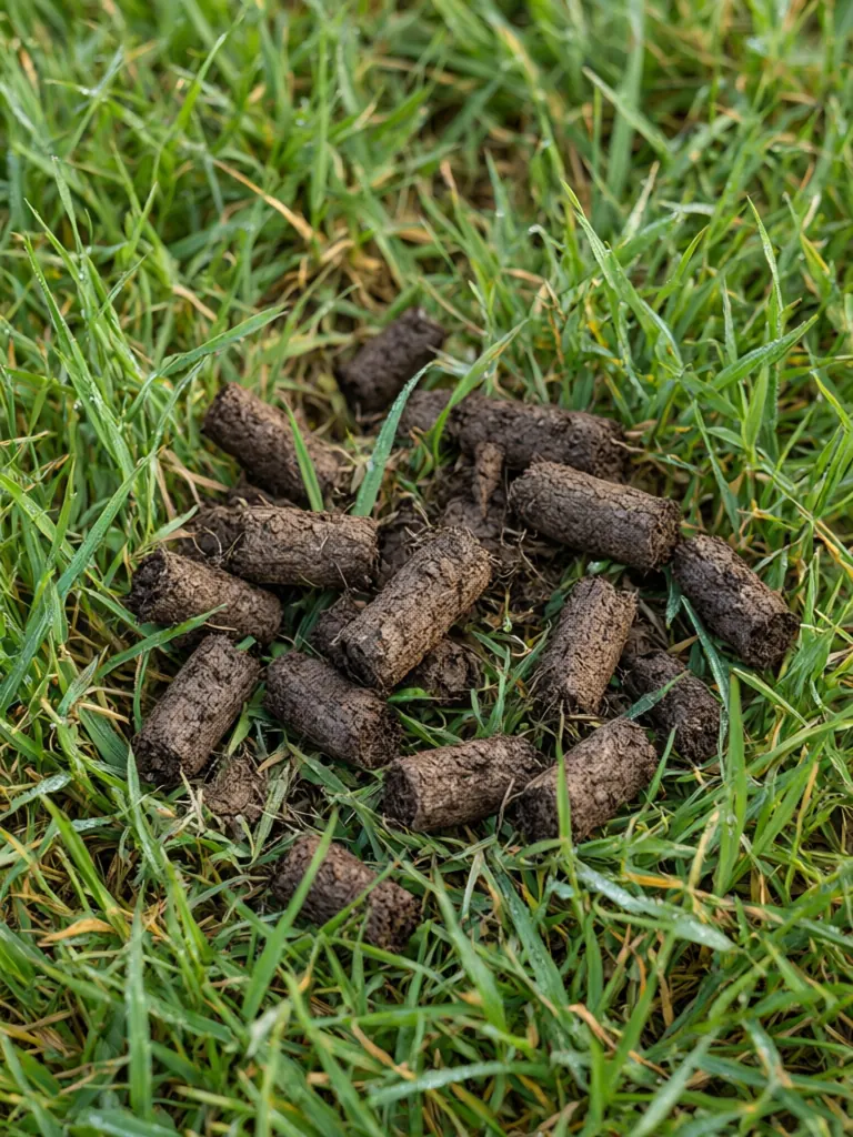 Soil cores lifted by an aerator lying on green grass