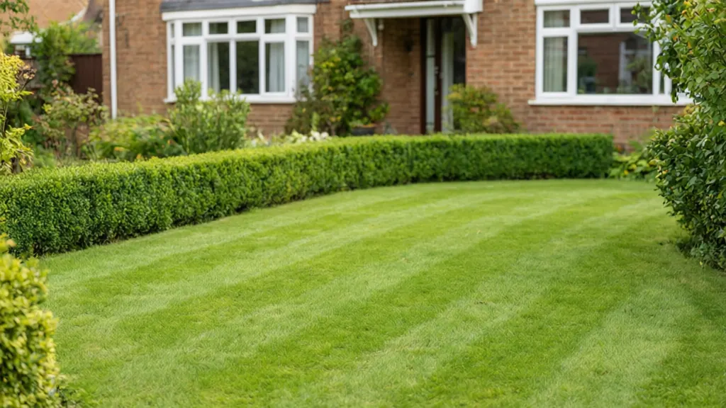 A striped front lawn edged by a clipped hedge in front of a brick house