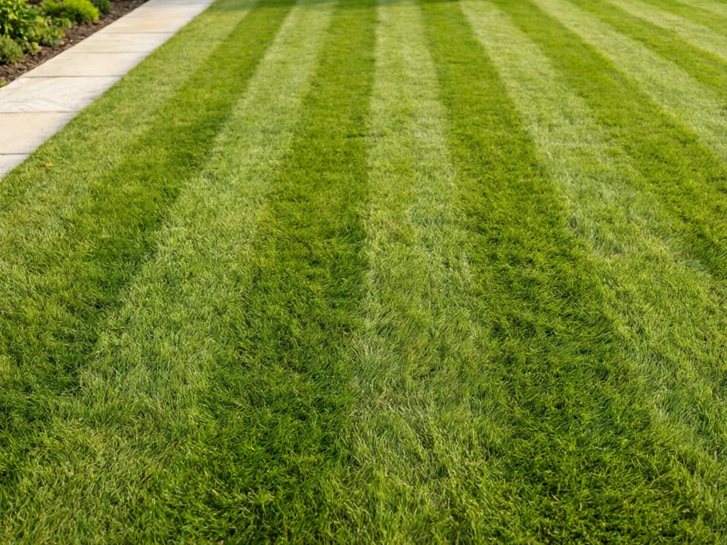 A freshly mown lawn with light and dark stripes beside a stone path
